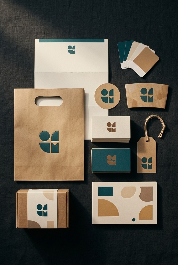 Brand identity suite — kraft bag, packaging, business cards and letterhead in teal and tan
